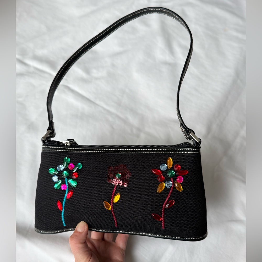 Vintage Liz Claiborne Y2K Rhinestone Floral Canvas Shoulder Bag – Whimsical
